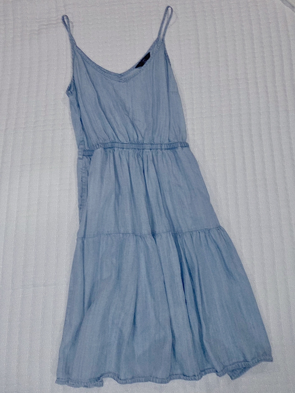 Velvet Heart Light Blue Tiered Midi Dress with Spaghetti Straps